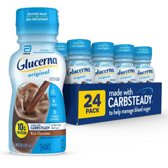Glucerna Original Rich Chocolate bottle front showcasing ready-to-drink nutrition.