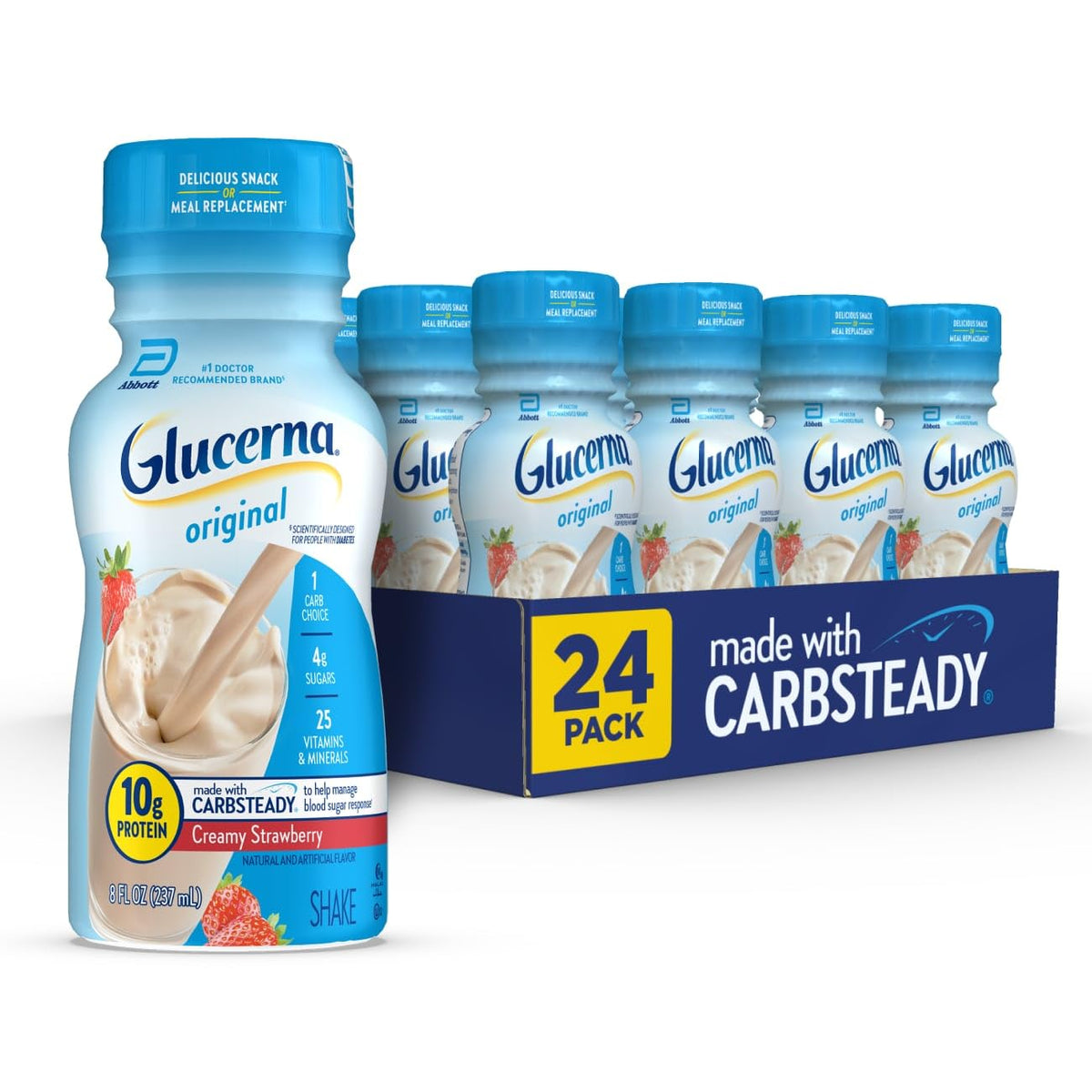 Glucerna Original Strawberry ready-to-drink bottle for on-the-go nutrition.