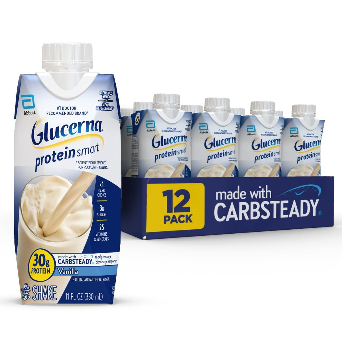 Glucerna Protein Smart vanilla bottle highlighting CARBSTEADY for potentially balanced blood sugar response.