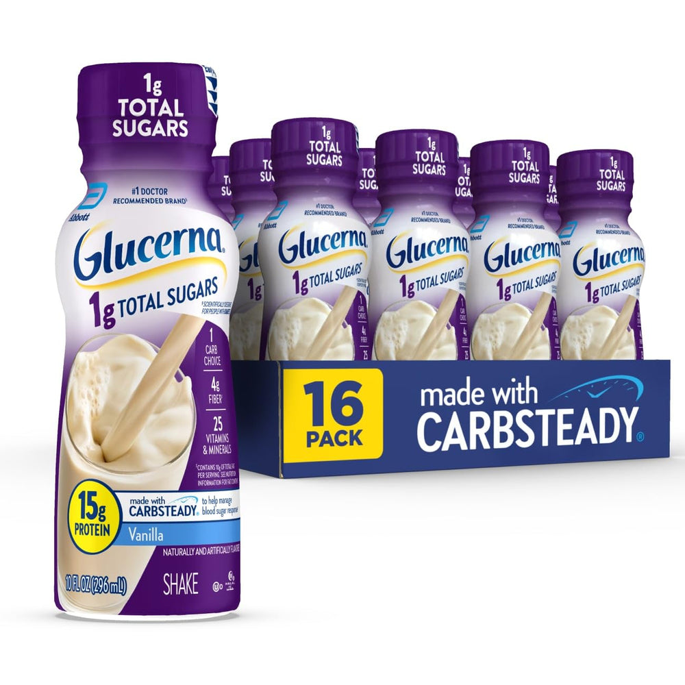 Glucerna vanilla shake ready-to-drink bottle for quick nourishment.