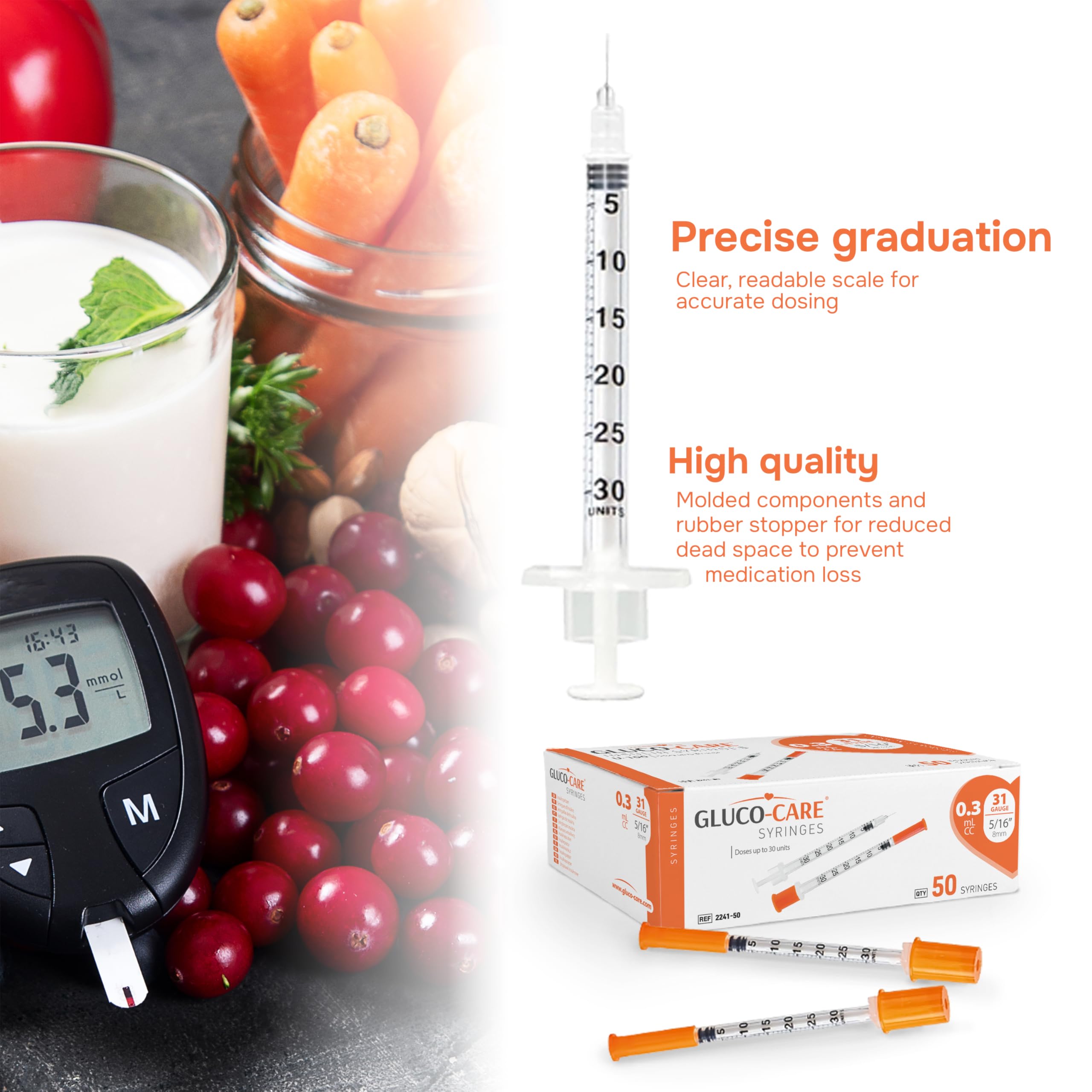 GLUCO-CARE syringe with smooth plunger for one-handed use