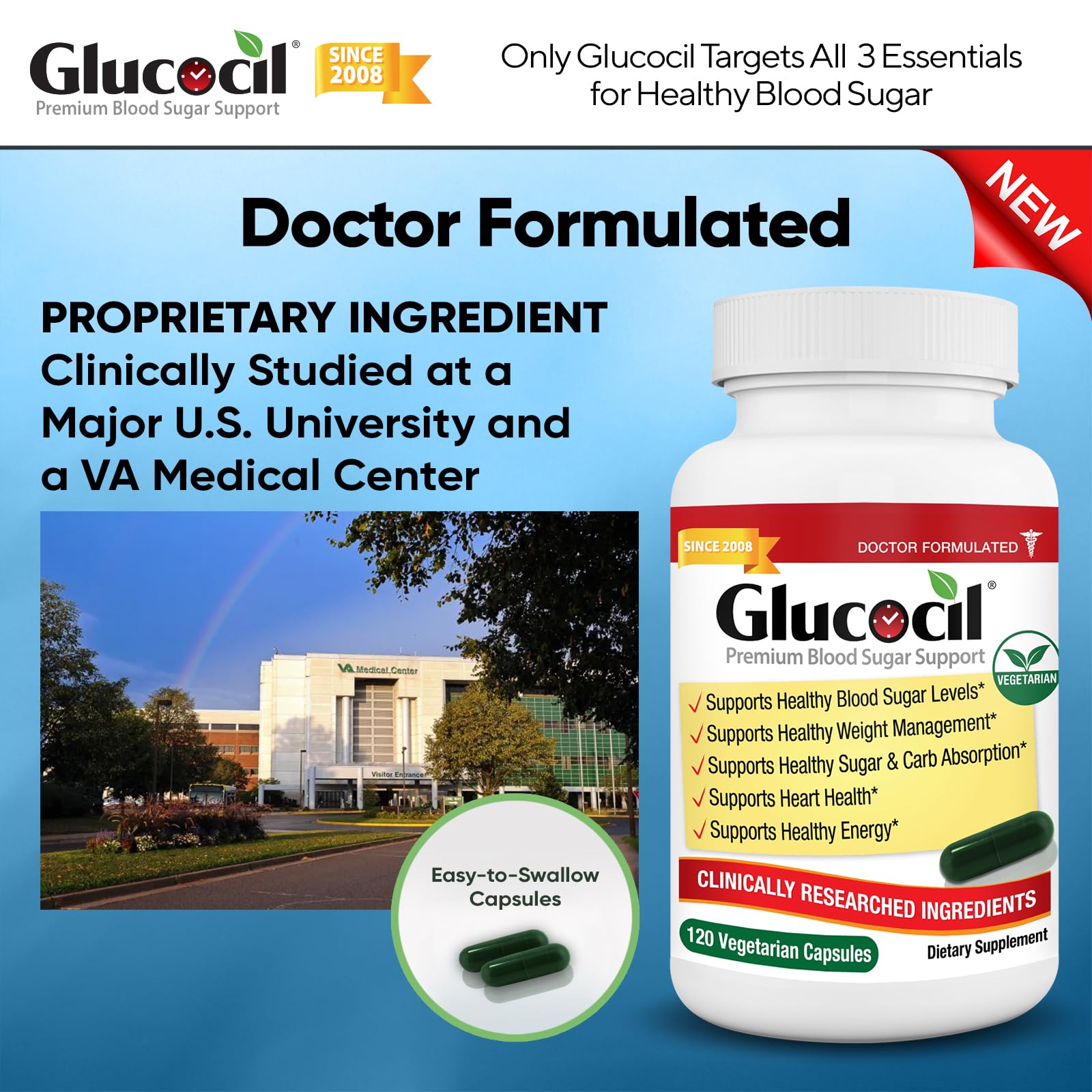 Glucocil bottle on desk with water evoking routine supplement intake
