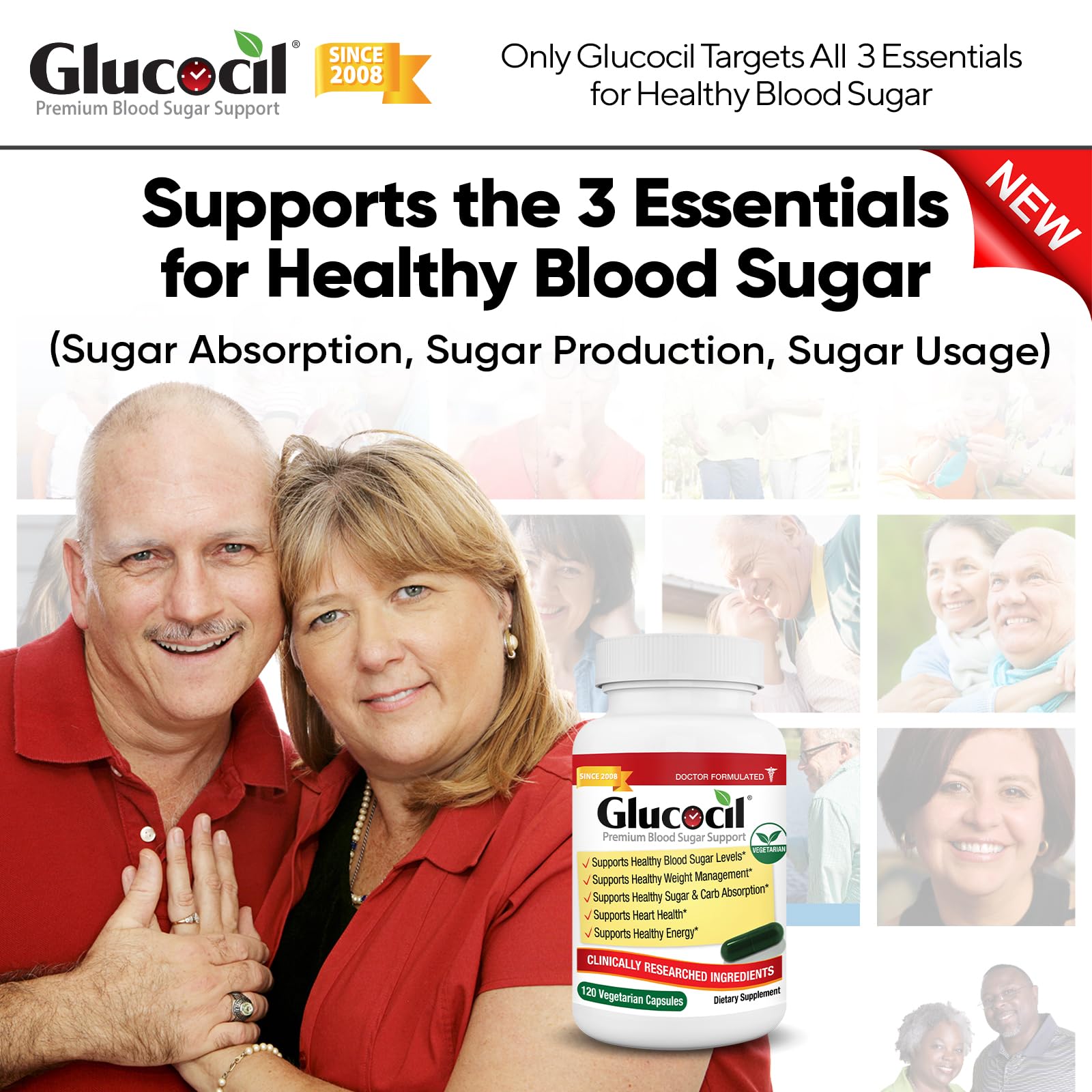 Glucocil capsules closeup showing easy-to-swallow vegetarian capsules for daily use