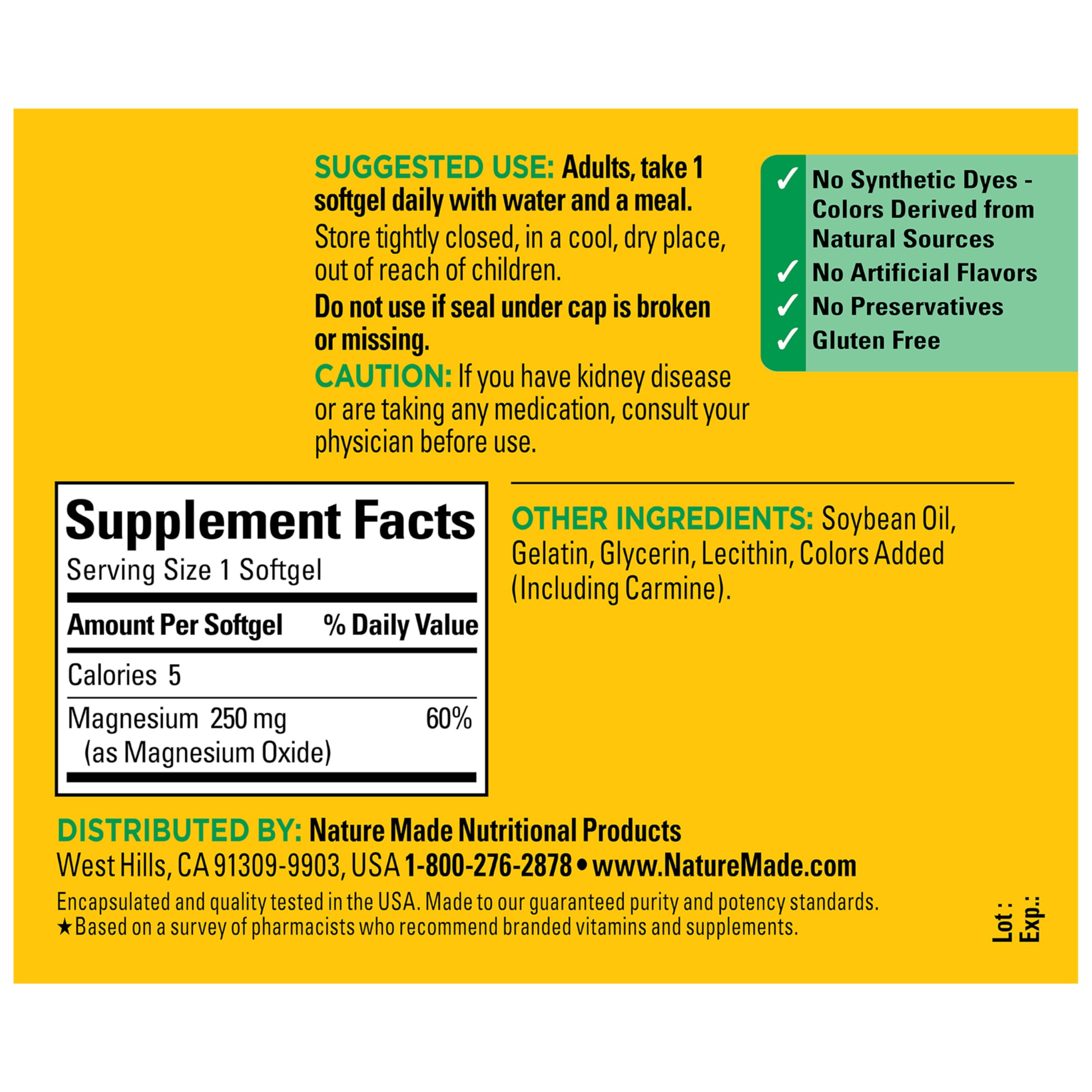 Gluten-free badge on Nature Made magnesium bottle highlights allergen-friendly option.