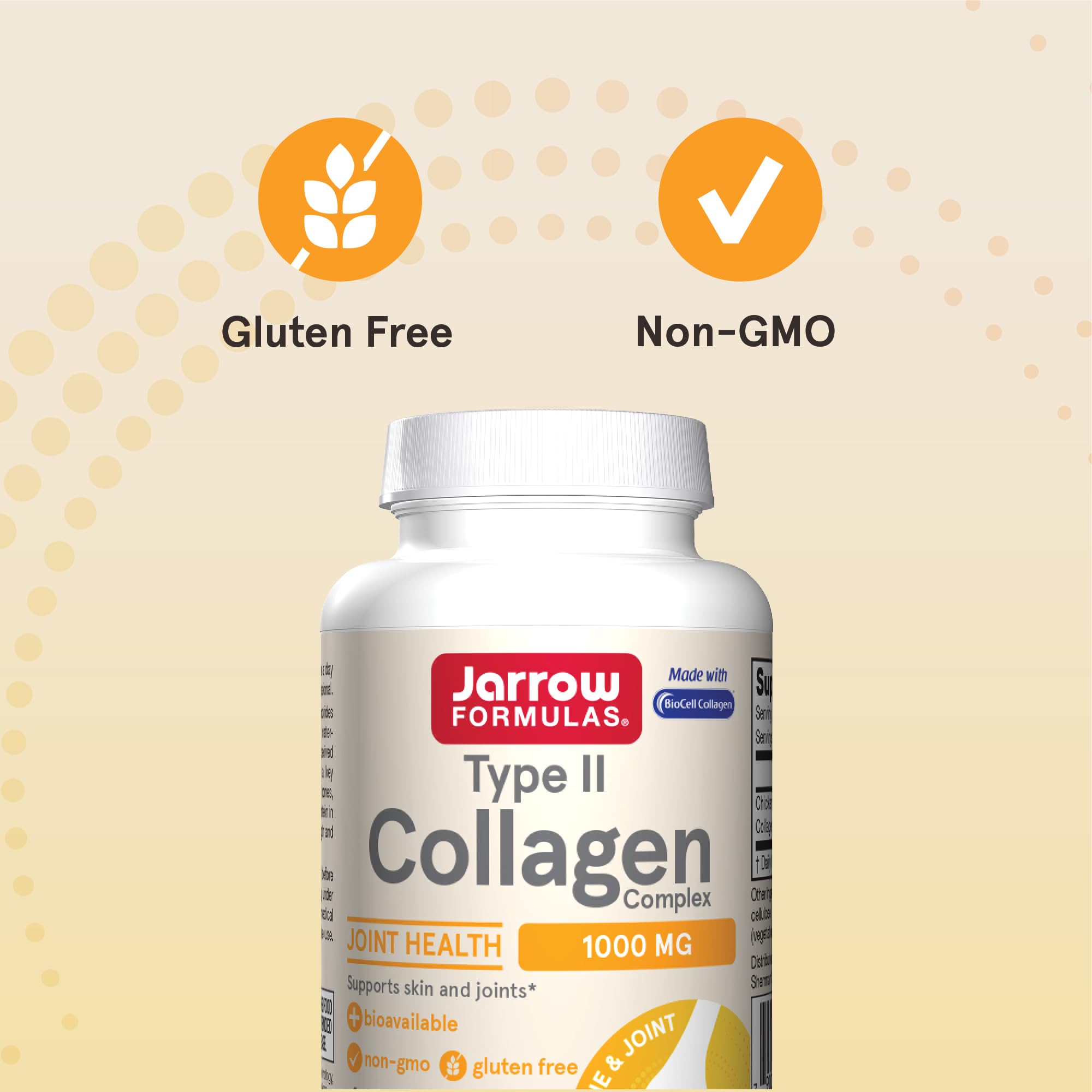 Gluten-free and non-GMO label on Jarrow Formulas bottle.