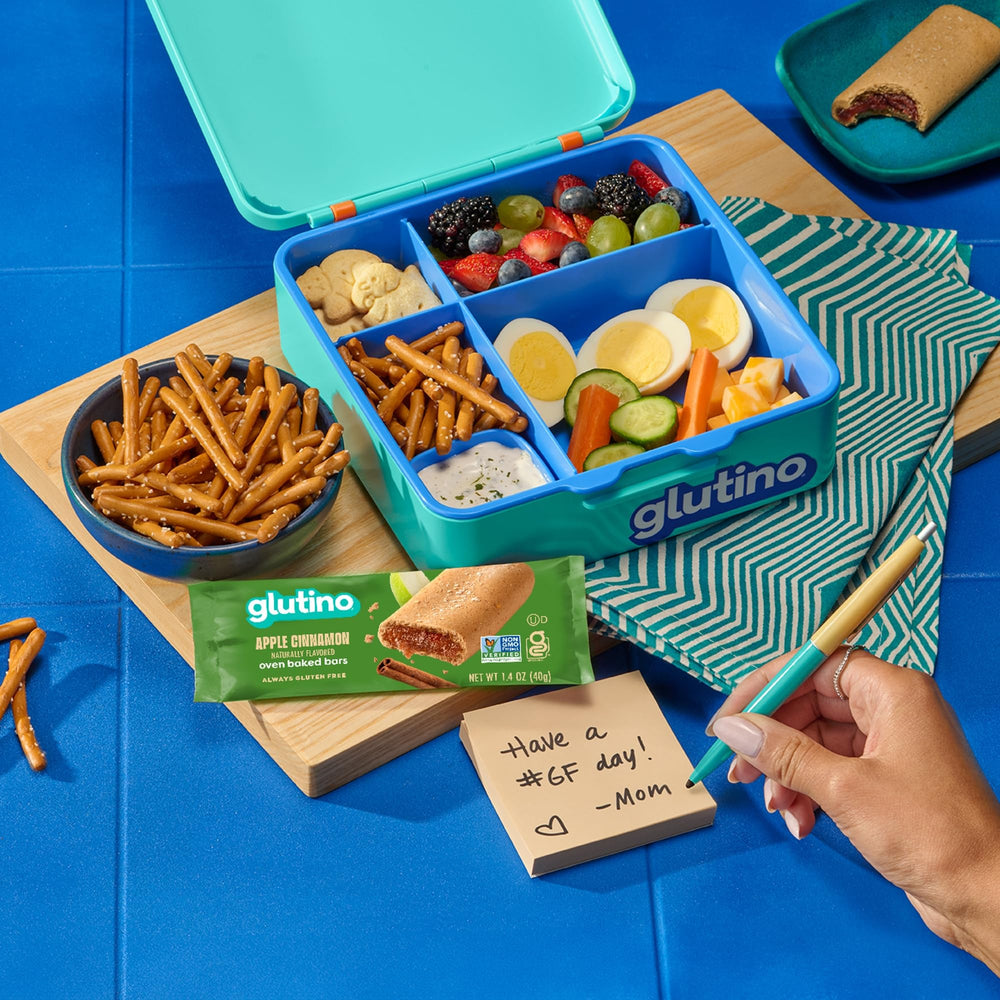 Glutino Apple Cinnamon bar packaging image highlights naturally flavored snack.