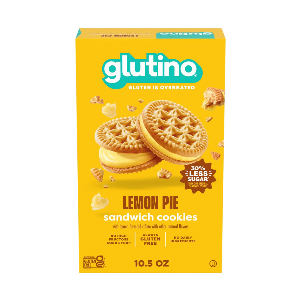 Glutino Lemon Pie Sandwich Cookies boxed, gluten-free snack for busy days.
