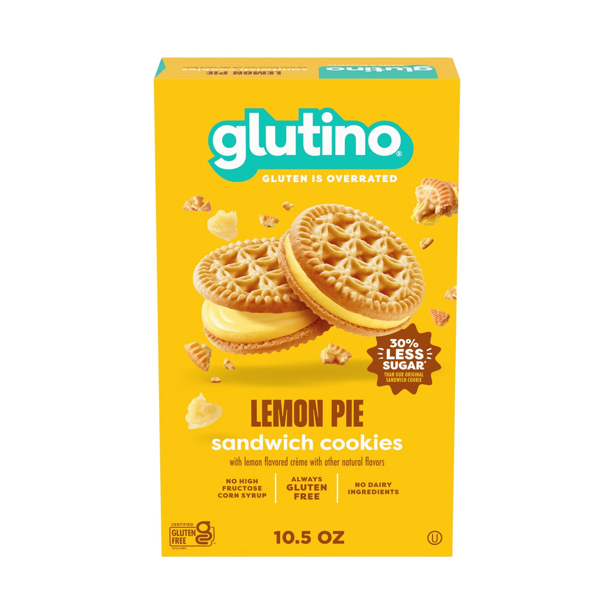 Glutino Lemon Pie Sandwich Cookies boxed, gluten-free snack for busy days.