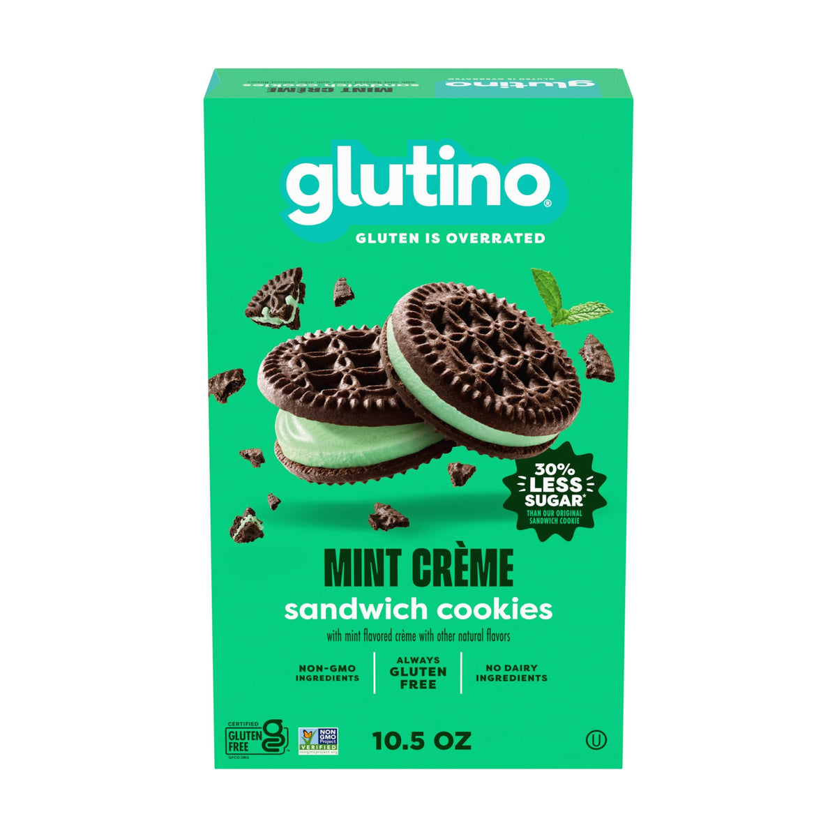 Glutino mint-flavored sandwich cookies box front for gluten-free snacking.