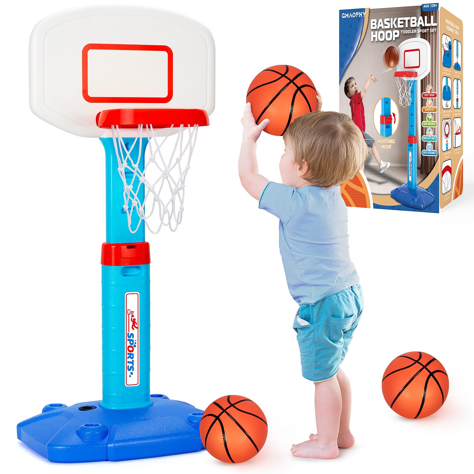 GMAOPHY toddler basketball hoop with adjustable height for growing kids, indoor play.
