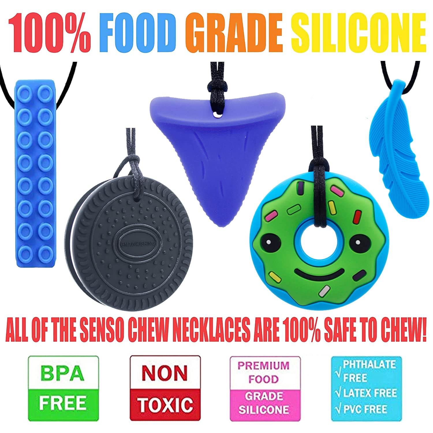 GNAWRISHING chew-necklace close-up textured dots stimulate oral exploration.