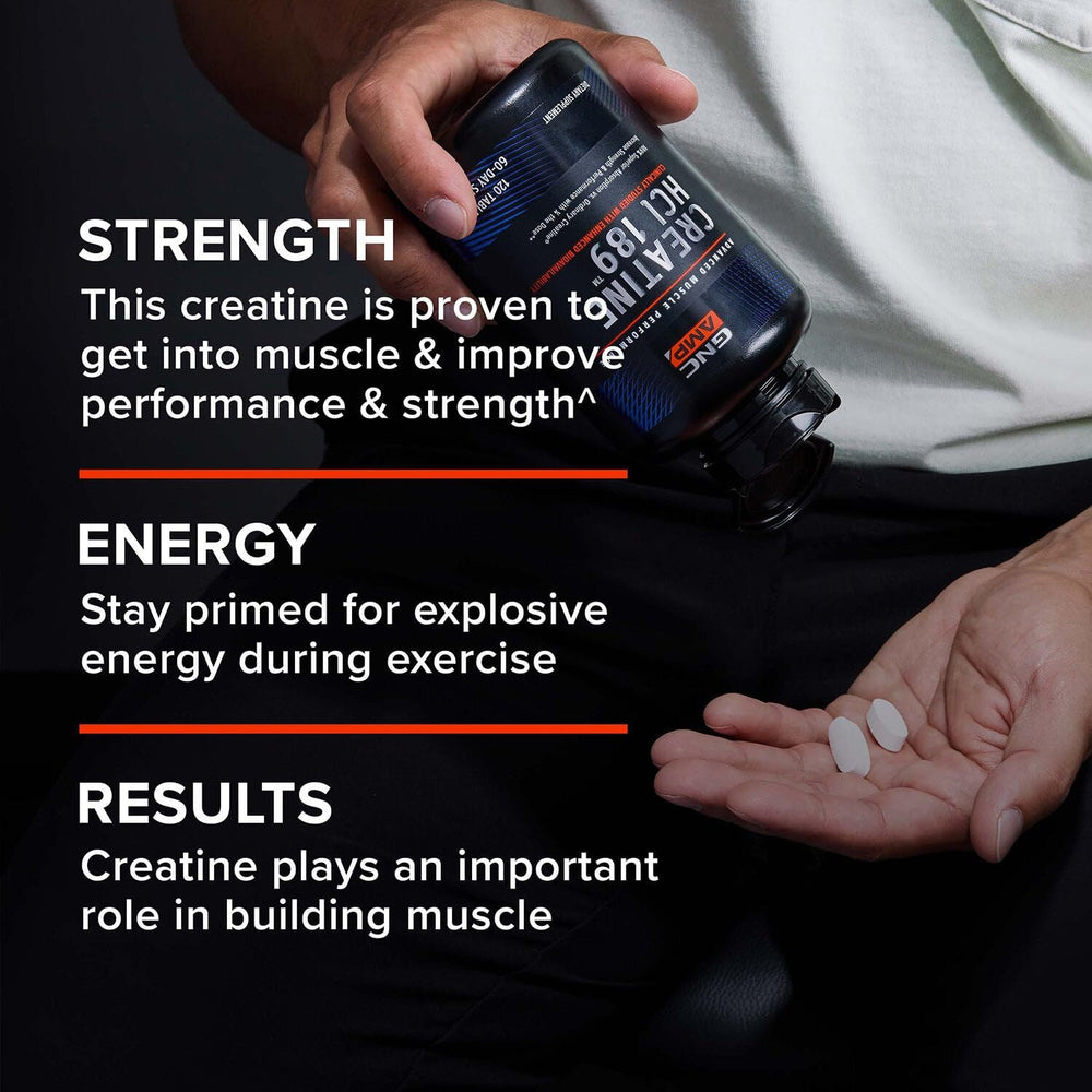 Stash-ready GNC AMP Creatine HCl 189 bottles show portability.