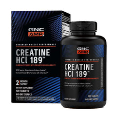 GNC AMP Creatine HCl 189 bottle with label showcases compact on-the-go supplement packaging.