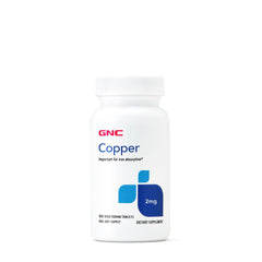 GNC Copper 2mg bottle front with label highlighting iron absorption support.
