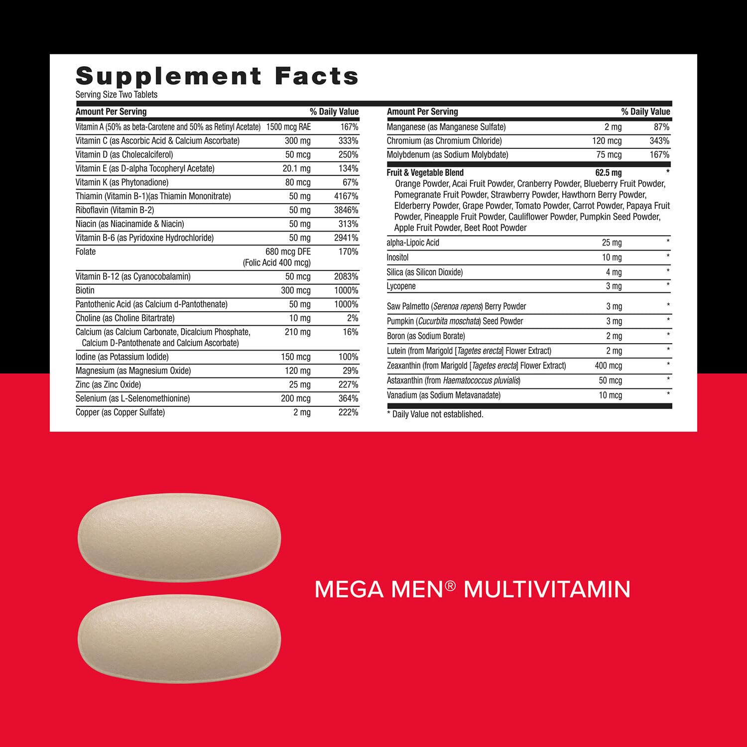 GNC Mega Men label highlights 18 vitamins and minerals at 100% DV.
