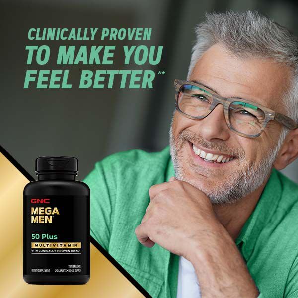 GNC Mega Men 50 Plus daily-use routine with glass of water