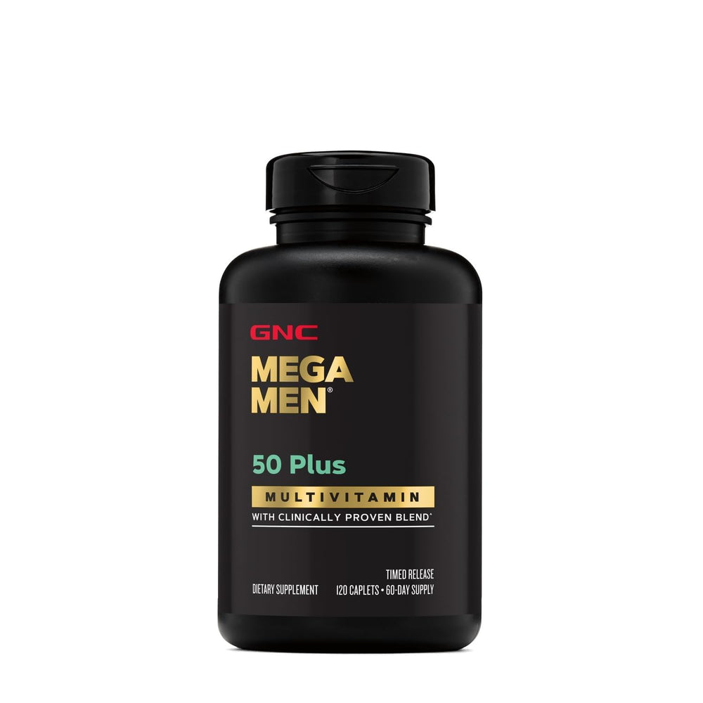 GNC Mega Men 50 Plus bottle with B-6 and folic acid noted.