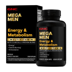 GNC Mega Men Energy & Metabolism bottle showing the vitality focused formula for daily use