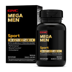 GNC Mega Men Sport bottle with timed-release formula for steady energy.