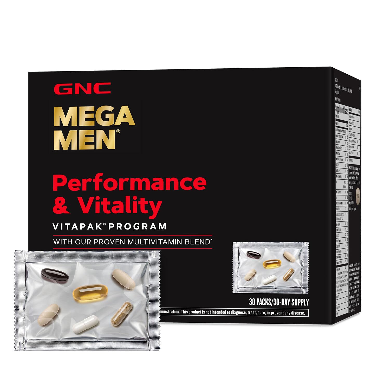 GNC Mega Men Vitapak box front showing all-in-one daily nutrition.