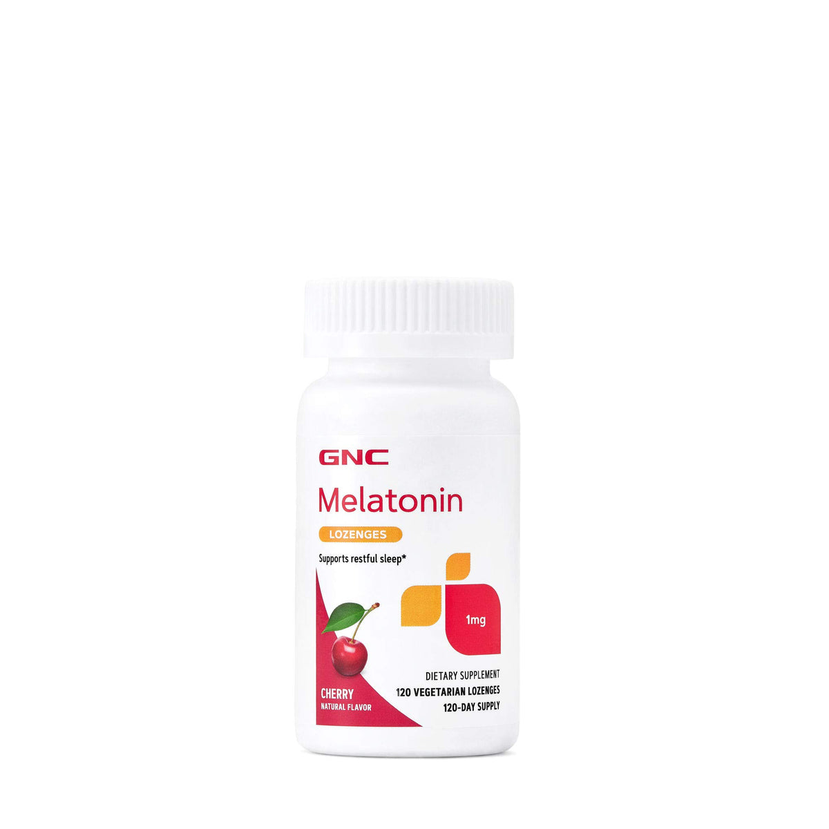 GNC Melatonin 1mg Cherry lozenges bottle, promoting restful sleep