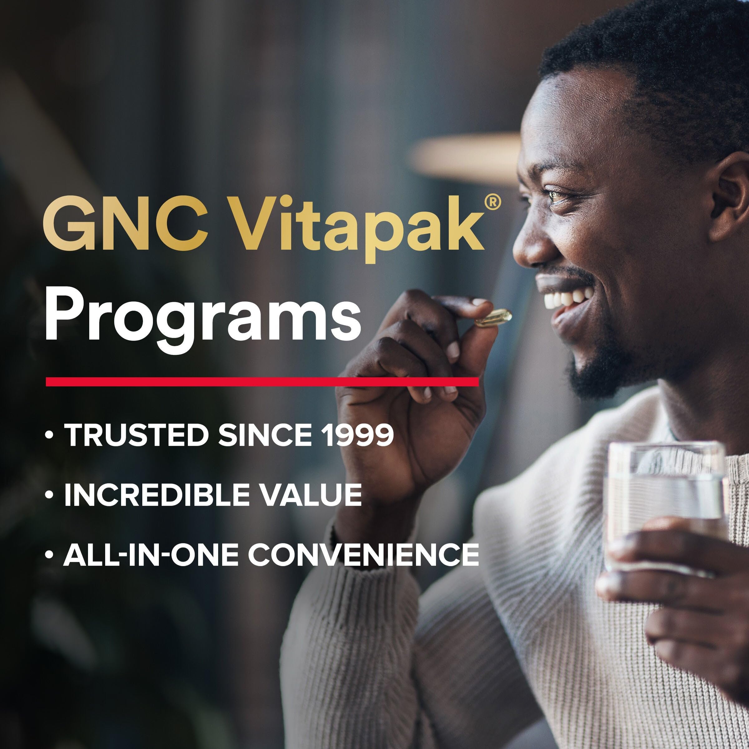 Lifestyle scene featuring GNC Men s 30+ Vitapak in daily wellness
