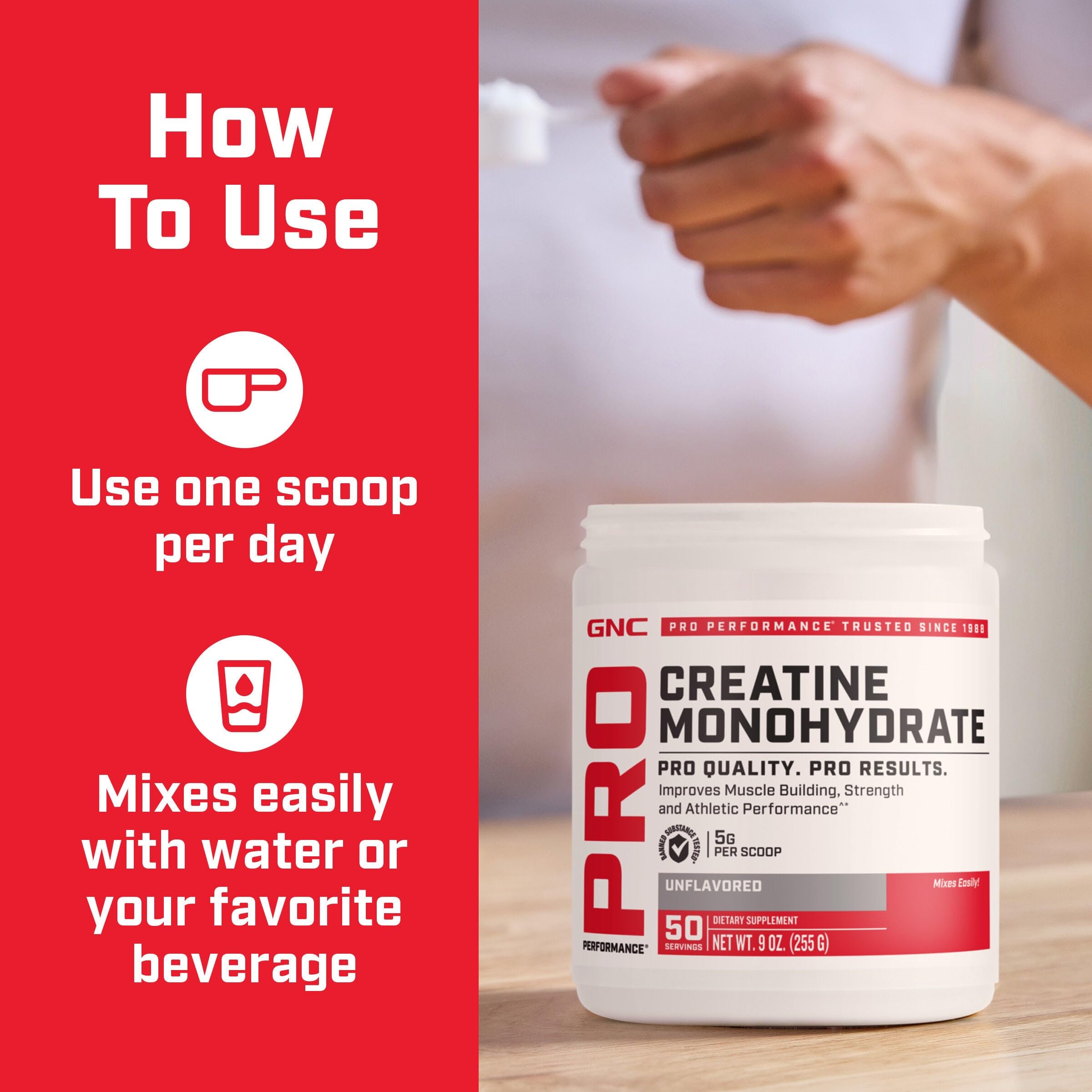 GNC Pro Performance Creatine Monohydrate Powder in gym setting suggests endurance