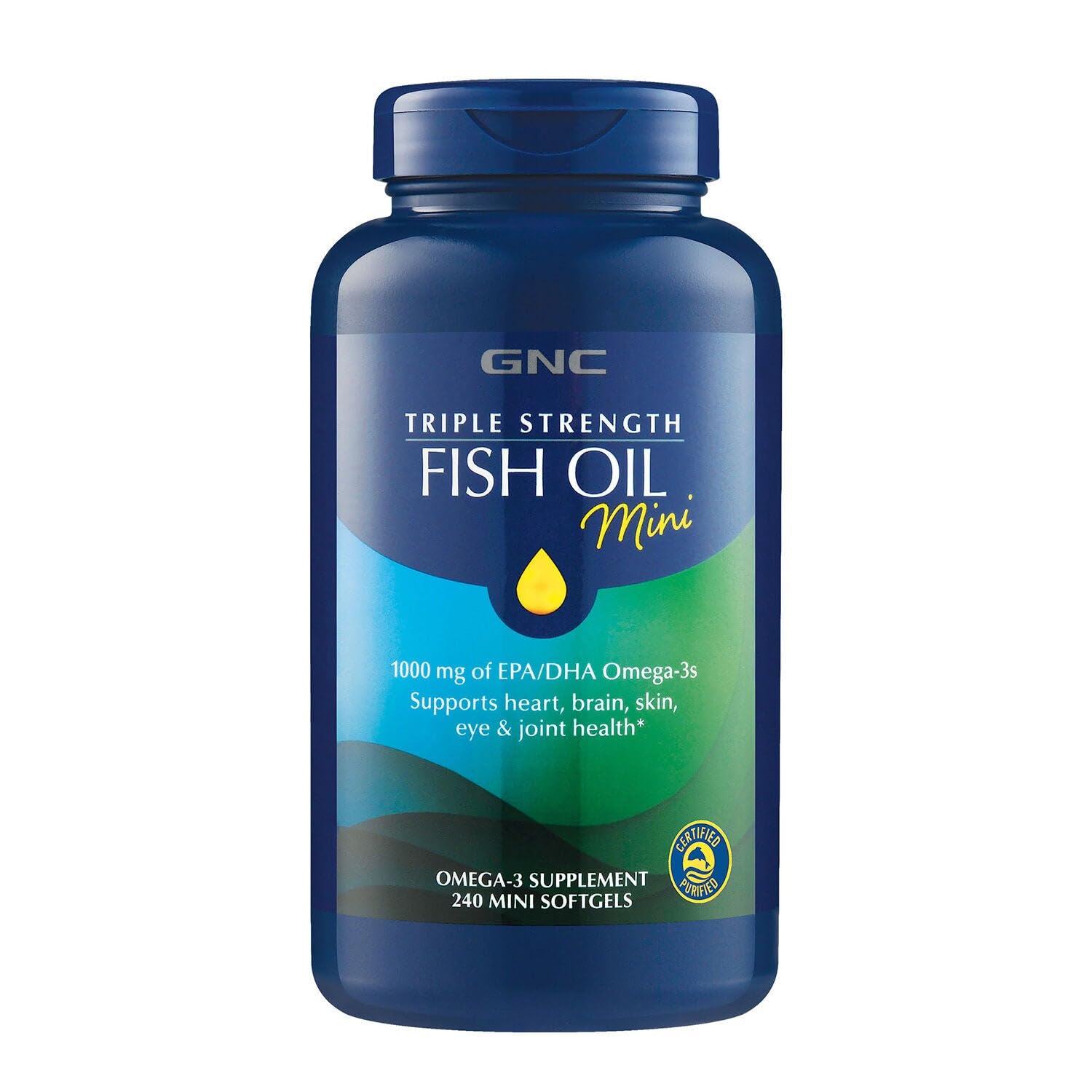 GNC Triple Strength Fish Oil mini softgels bottle for easy swallowing and daily support.