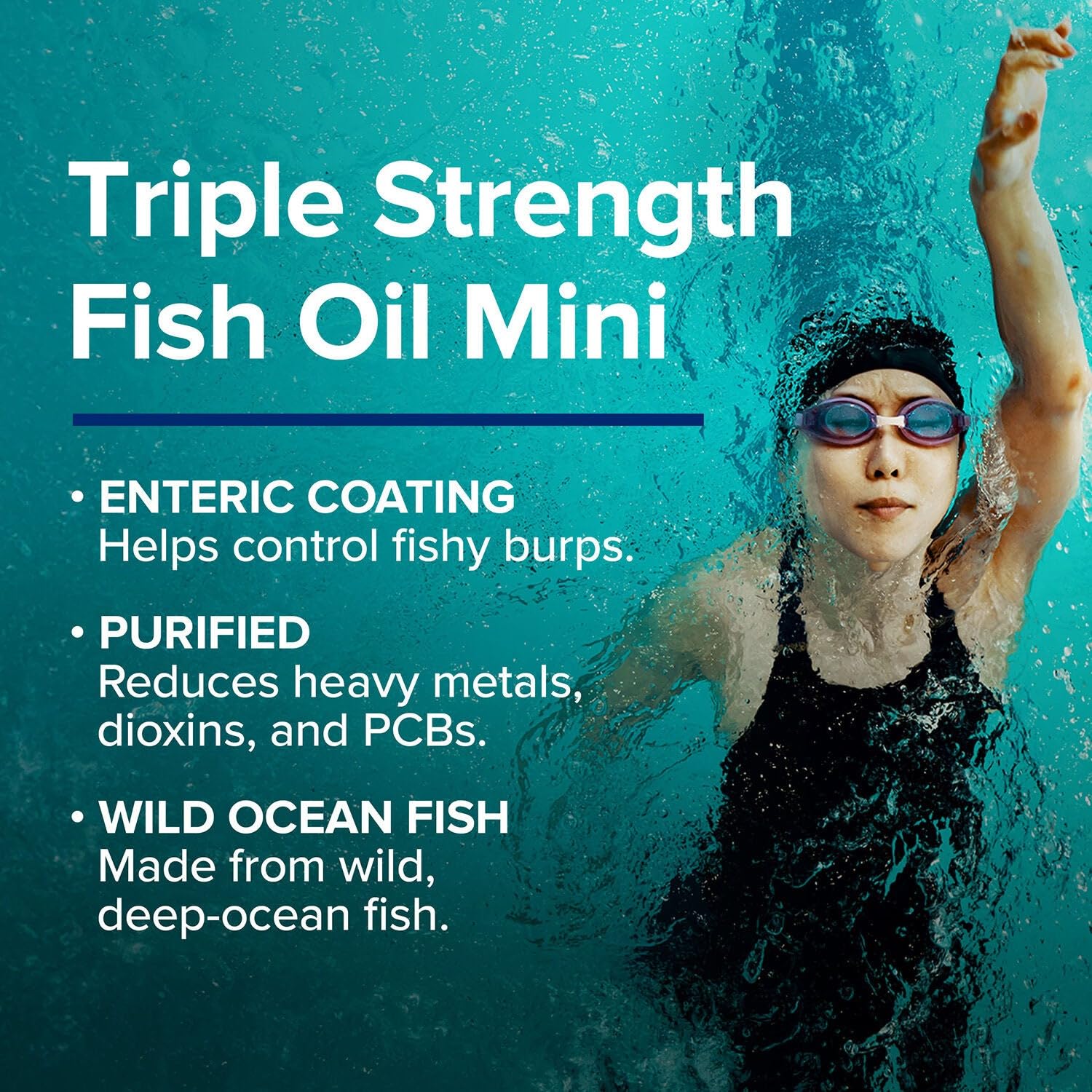 GNC Triple Strength Fish Oil mini softgels gluten-free icon on packaging.