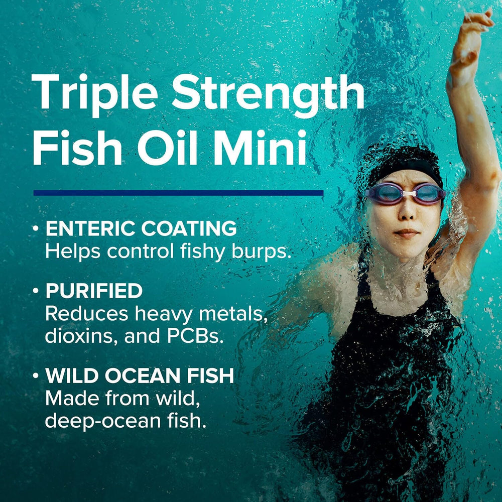 GNC Triple Strength Fish Oil mini softgels gluten-free icon on packaging.