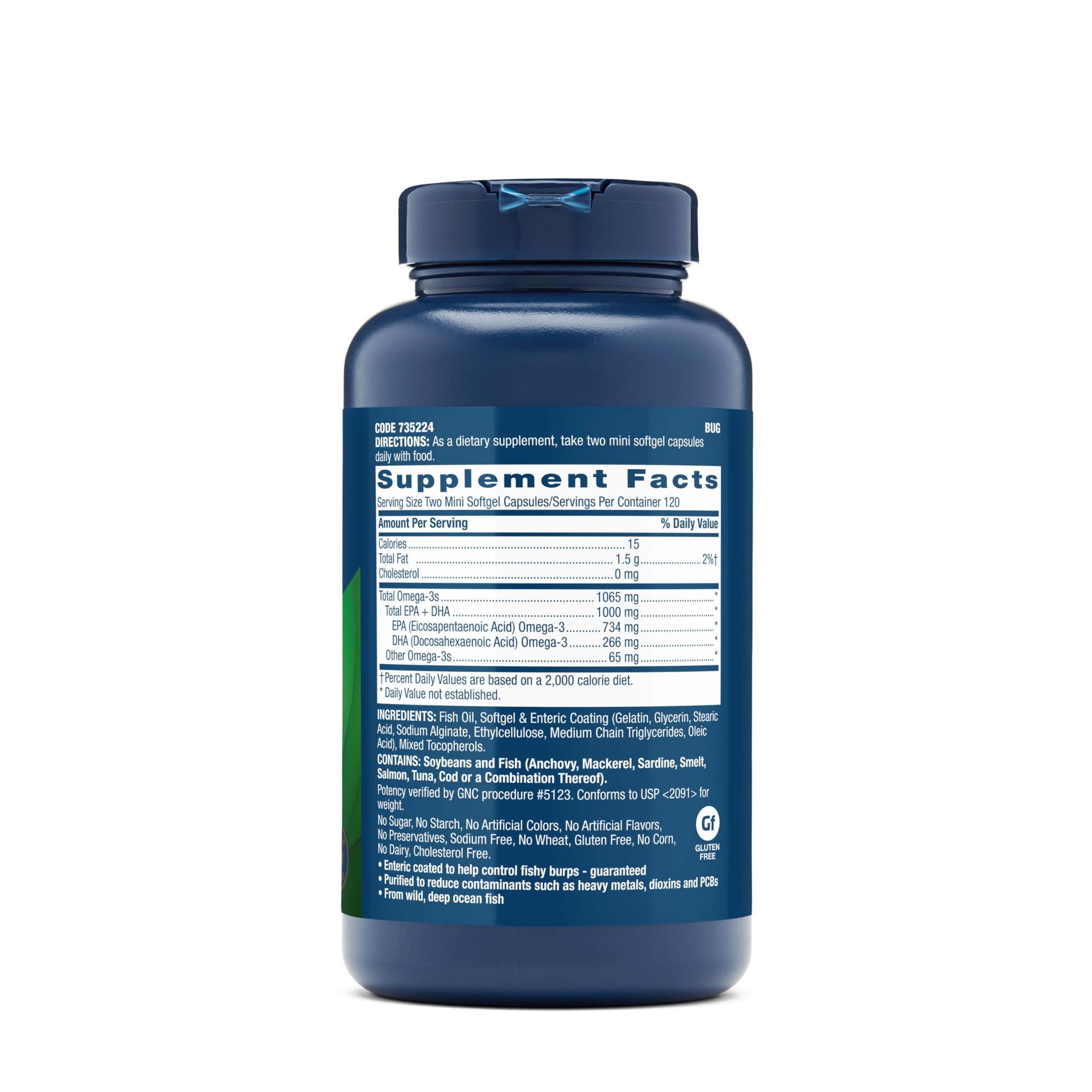 GNC Triple Strength Fish Oil mini softgels pour shows compact capsules for routine use.
