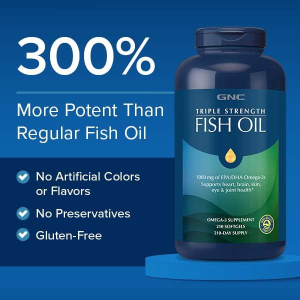 GNC Triple Strength Fish Oil sourced from wild-caught deep-ocean fish.