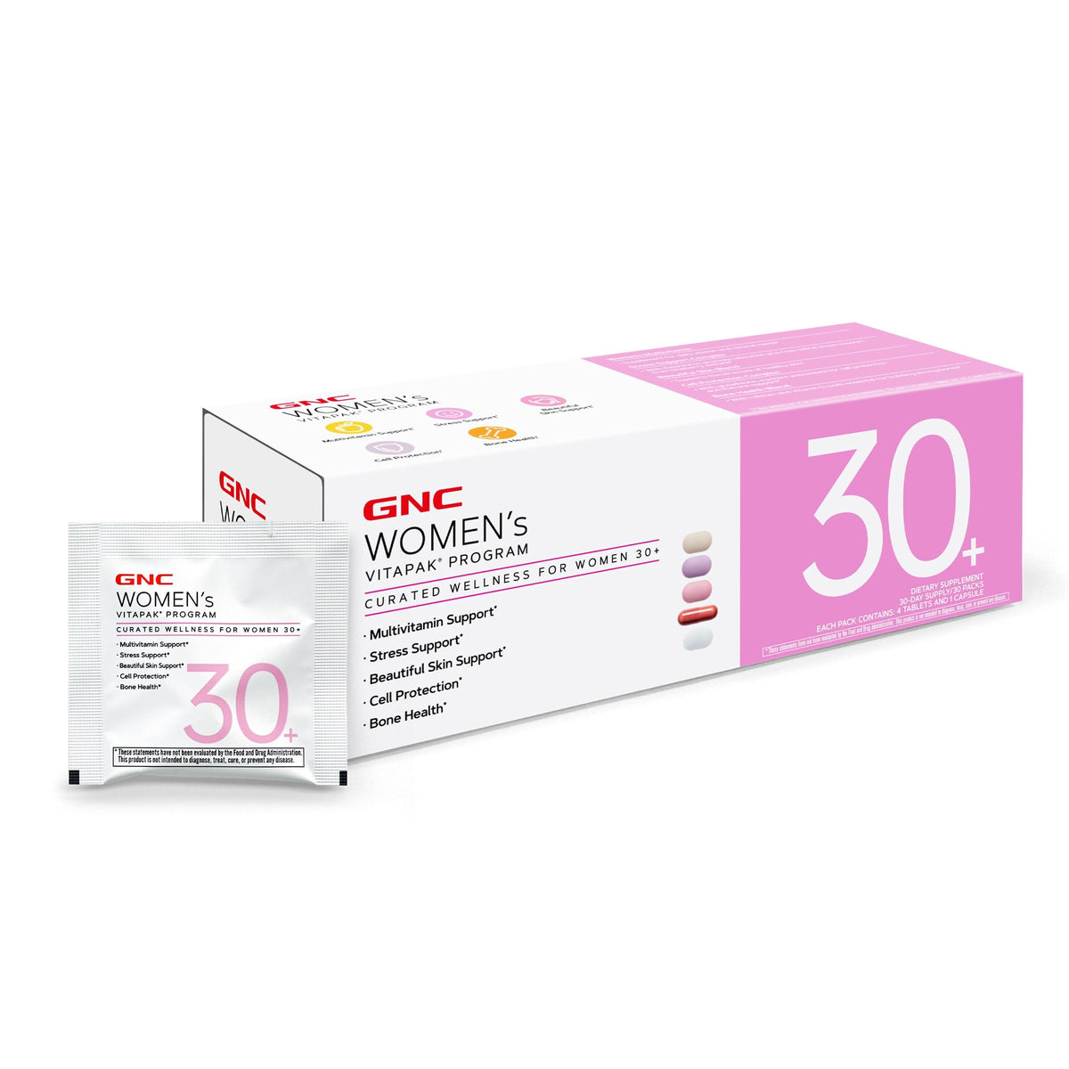 GNC Women's 30+ Vitapak bottle front showing daily multivitamins for daily wellness.