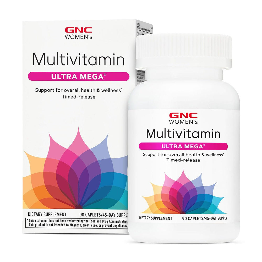 GNC Women's Ultra Mega Multivitamin Caplets bottle shows timed-release formula for daily energy