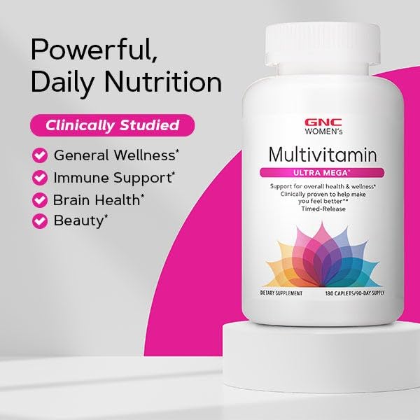 GNC Women's Ultra Mega Multivitamin Caplets brain health with choline close-up