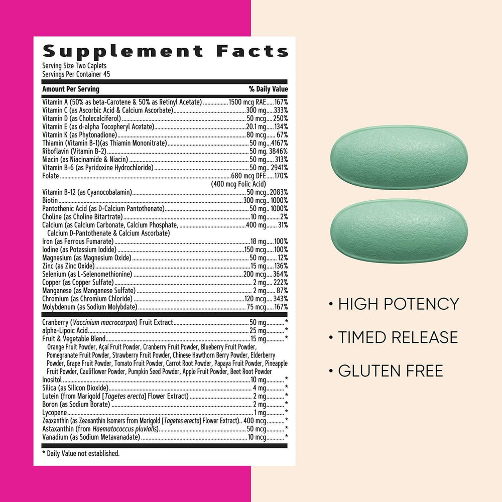 GNC Women's Ultra Mega Multivitamin Caplets support hair, skin and nails for beauty