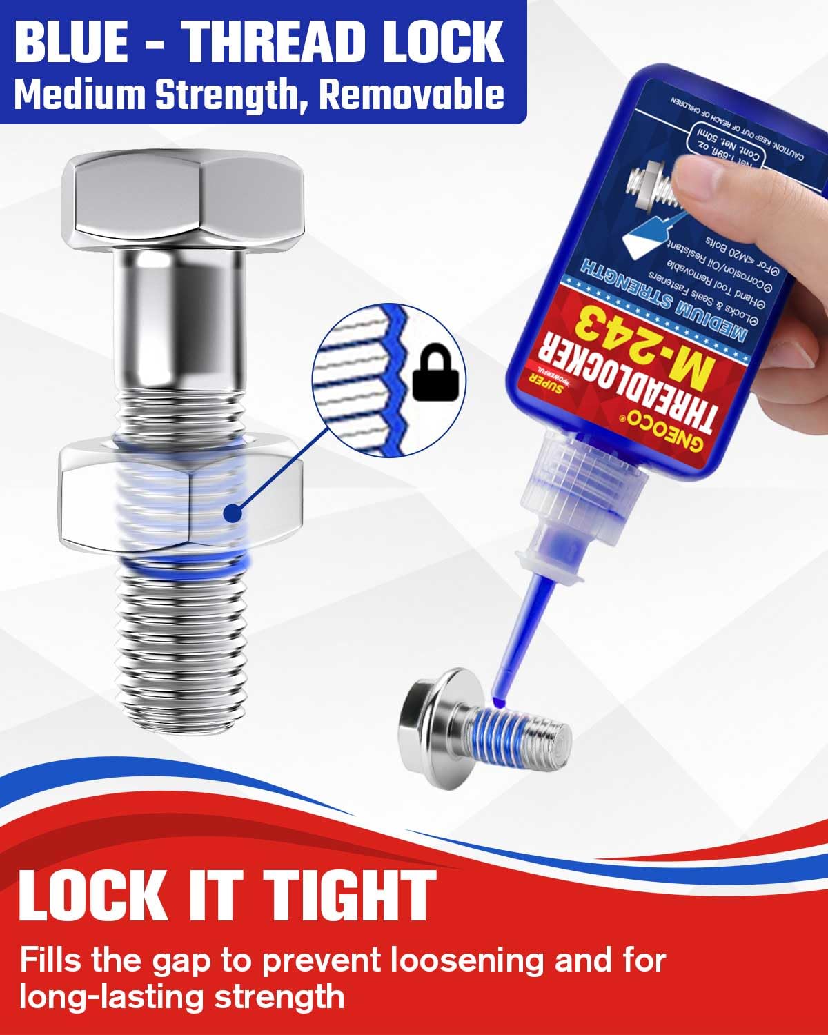 GNEOCO ThreadLocker Blue applying to threads to secure fasteners