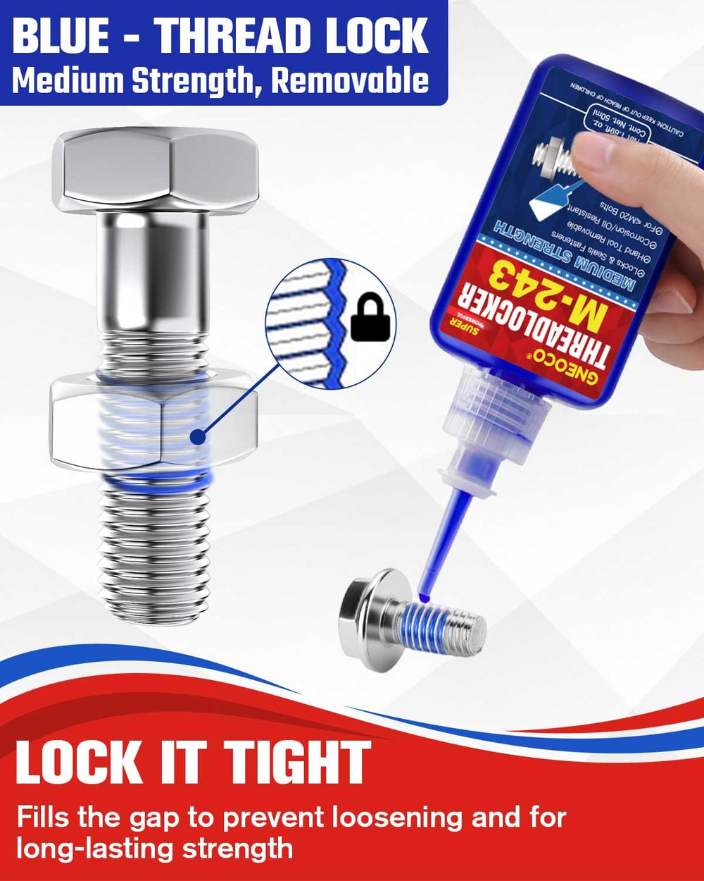 GNEOCO ThreadLocker Blue applying to threads to secure fasteners