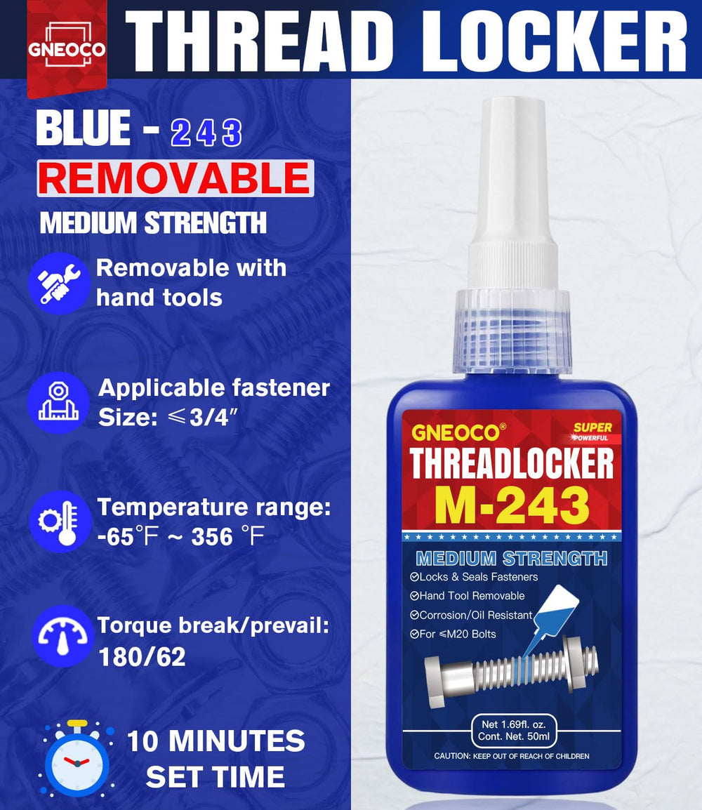 GNEOCO ThreadLocker Blue label detail highlighting the formula
