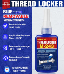 GNEOCO ThreadLocker Blue label detail highlighting the formula