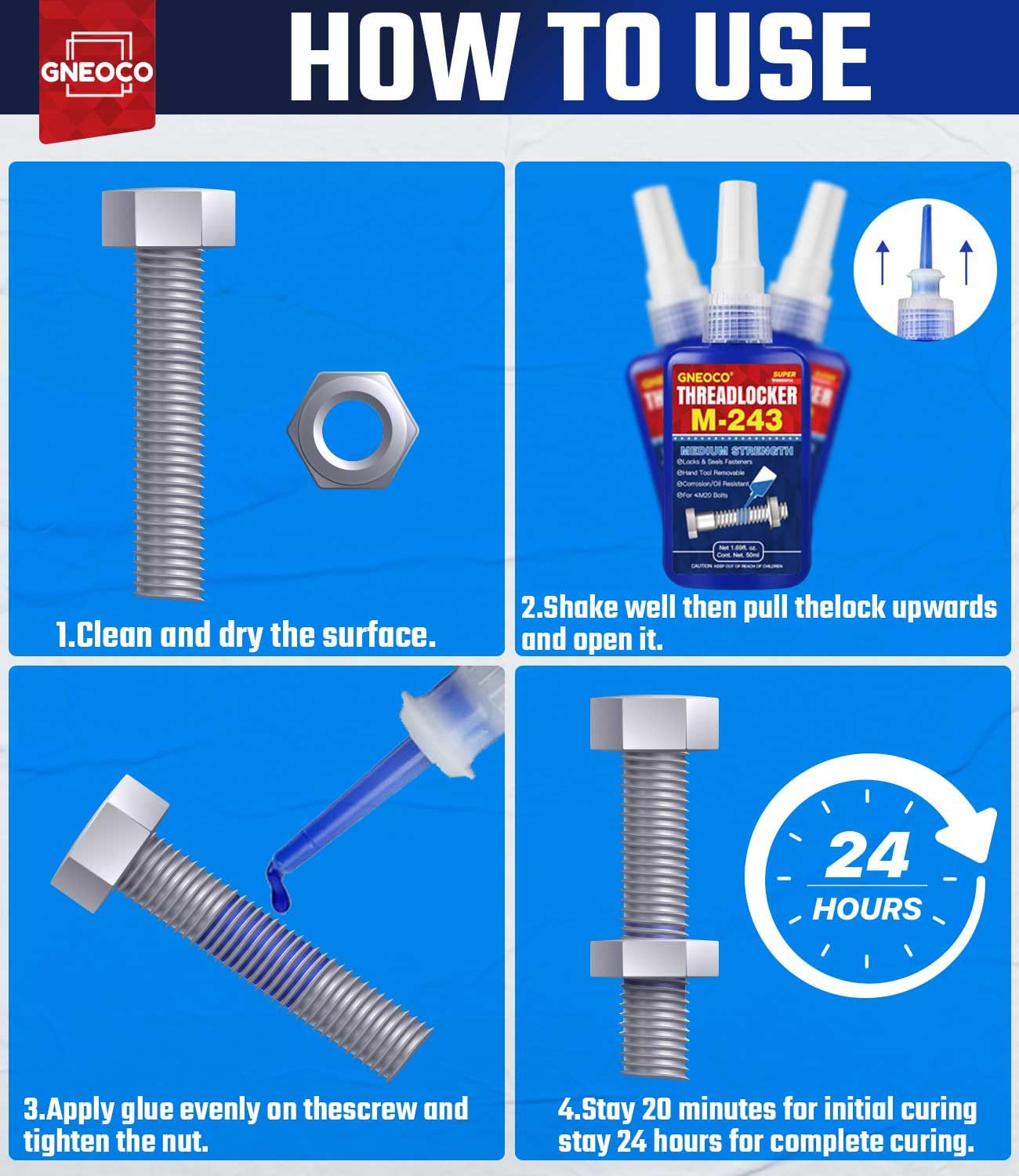 GNEOCO ThreadLocker Blue after 24-hour cure on threaded joint