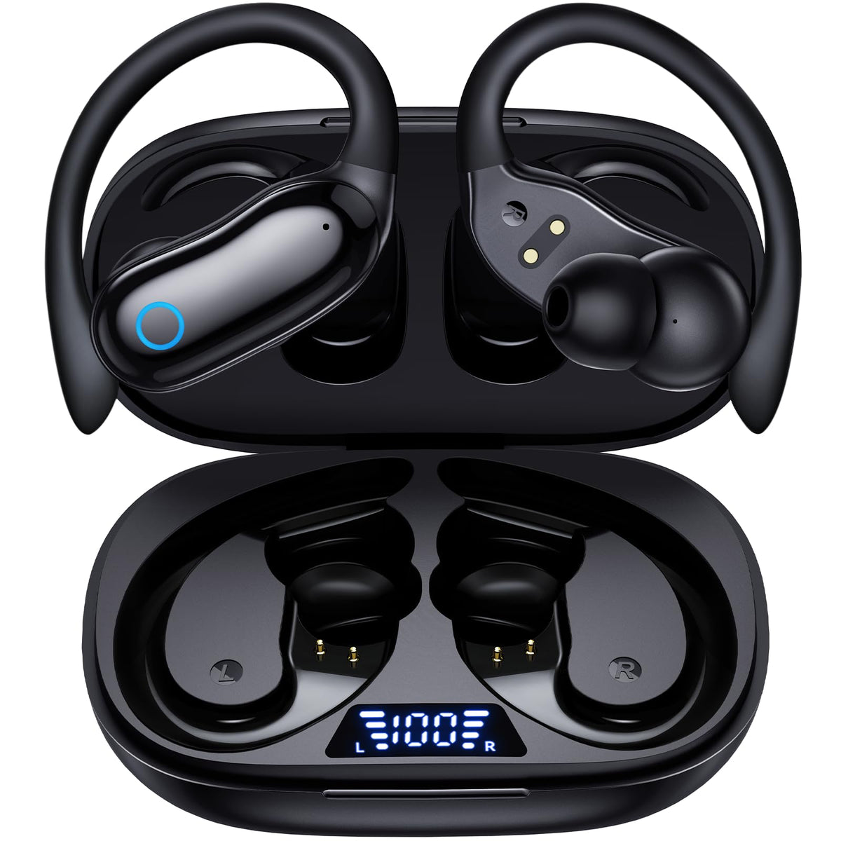 GNMN V7 earbuds with charging case display real-time battery status on the go.