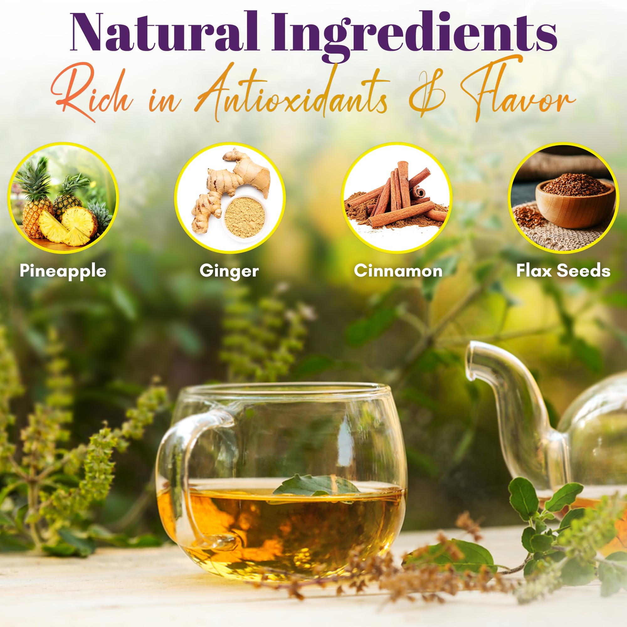 GN+Vida CHUPA Panza ingredients display ginger, pineapple, flaxseed, and cinnamon flavors.