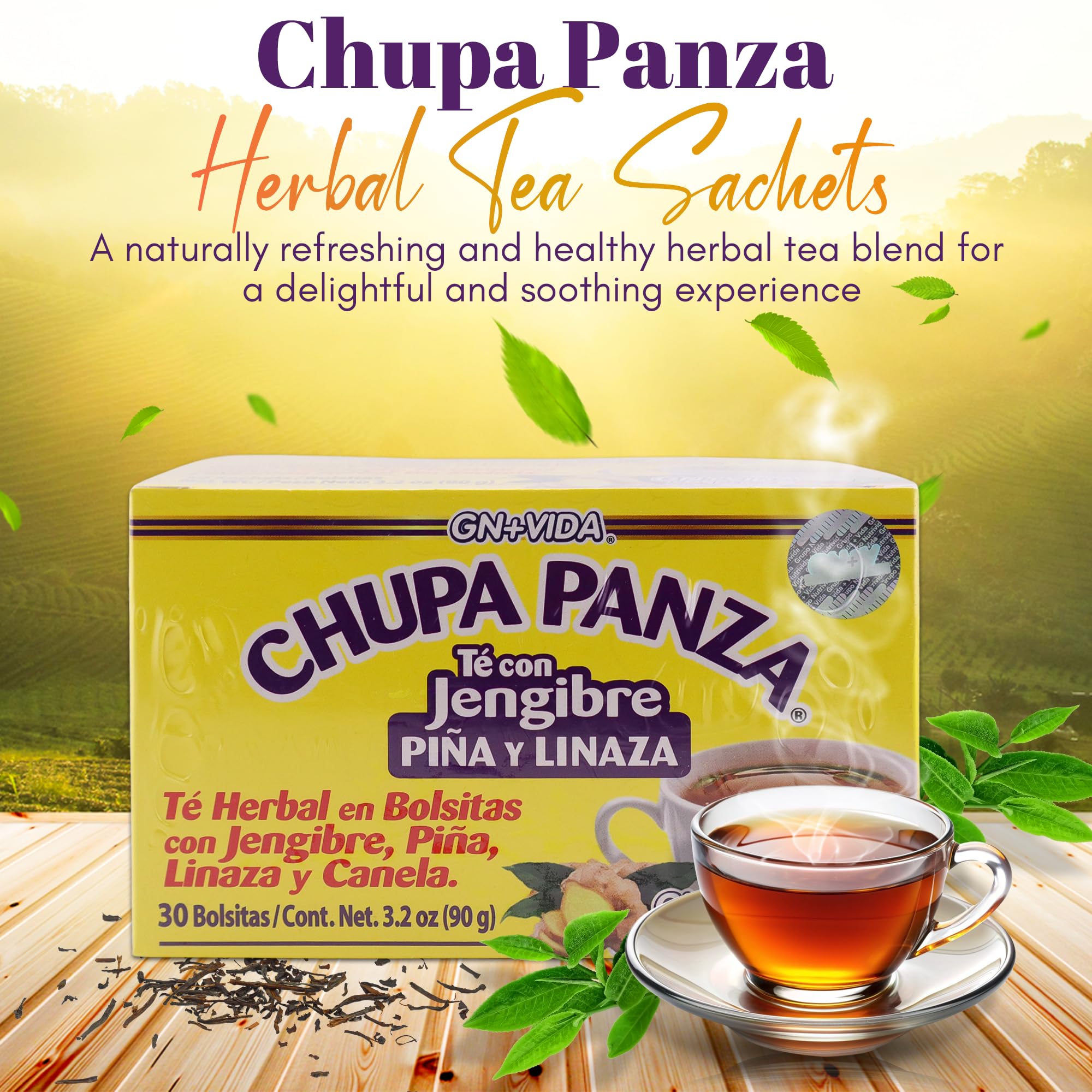 GN+Vida CHUPA Panza tea bags close-up highlights spices and tropical pineapple notes.