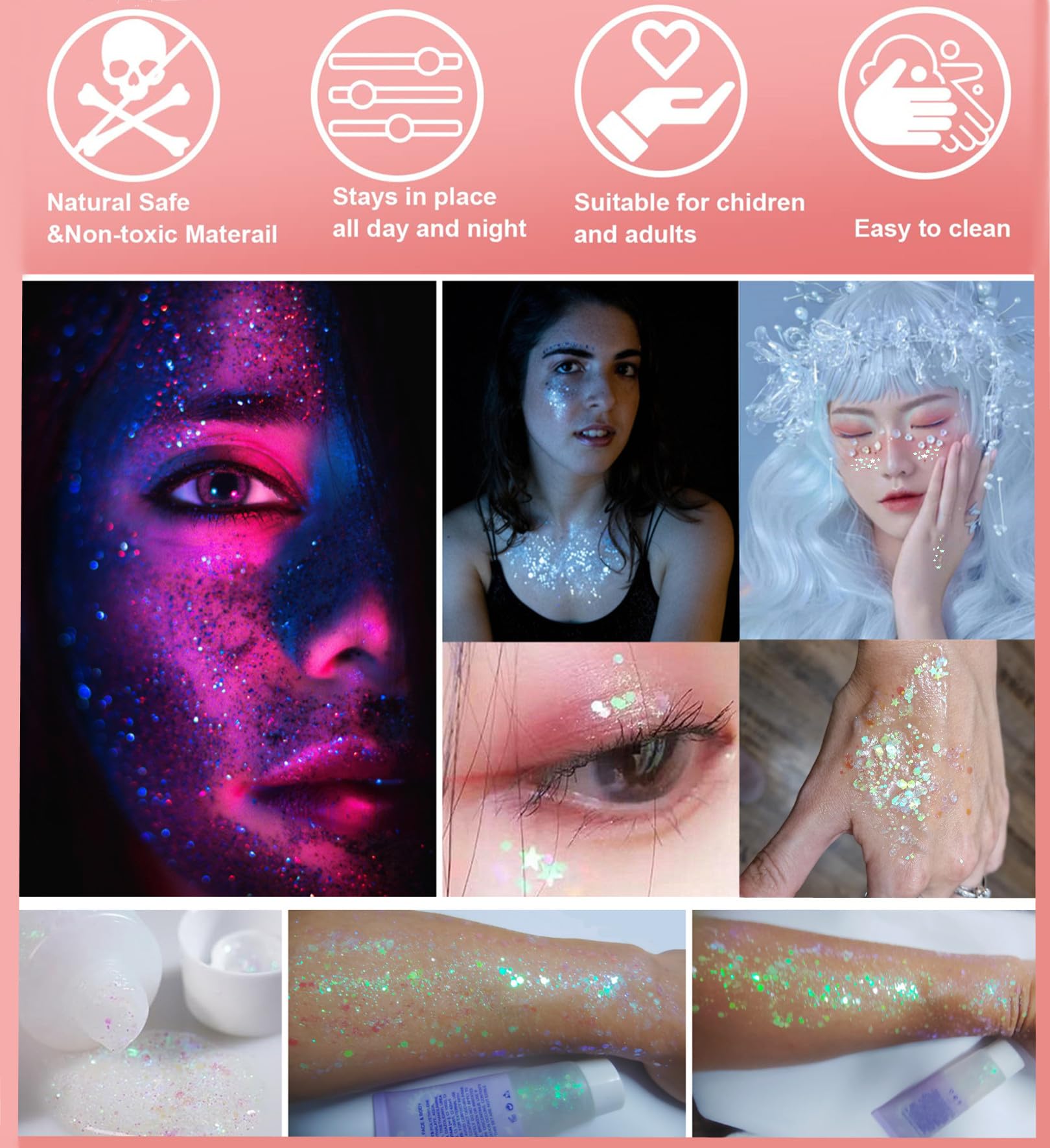Applying Go Ho face and body glitter for radiant looks
