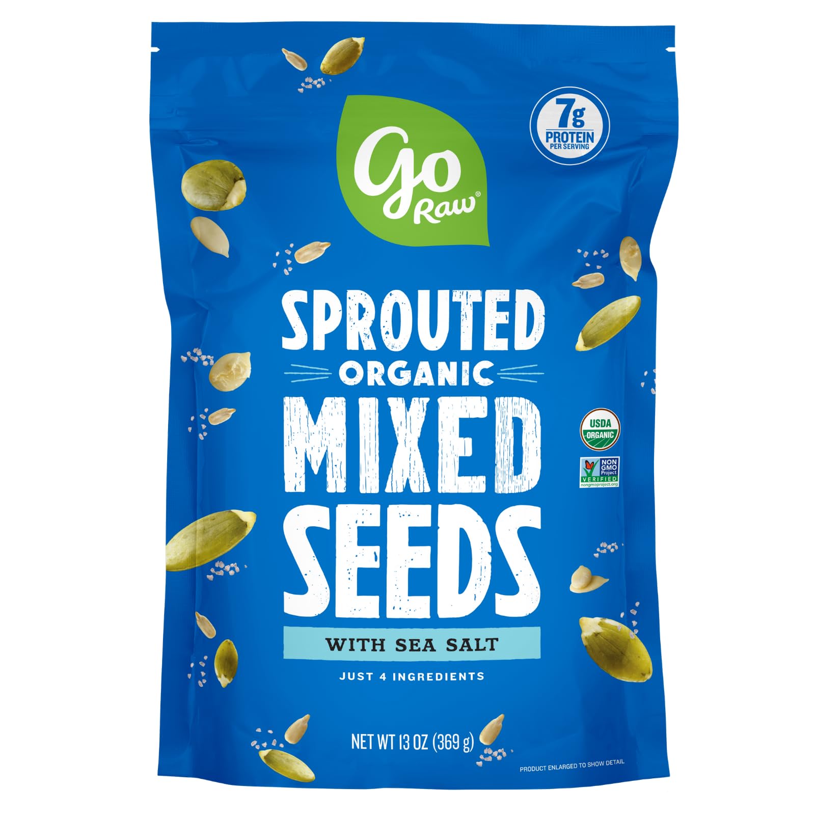 Go Raw organic sprouted pumpkin seeds close-up showing crunchy, protein-rich snack.