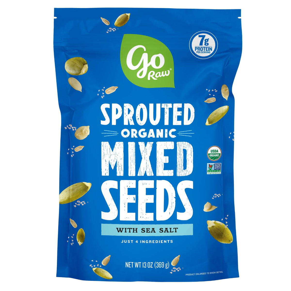 Go Raw organic sprouted pumpkin seeds close-up showing crunchy, protein-rich snack.