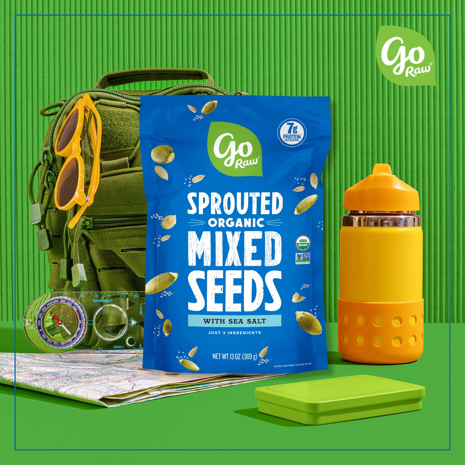 Go Raw organic sprouted watermelon seeds close-up highlighting plant-based protein crunch.