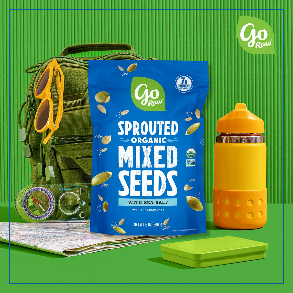 Go Raw organic sprouted watermelon seeds close-up highlighting plant-based protein crunch.