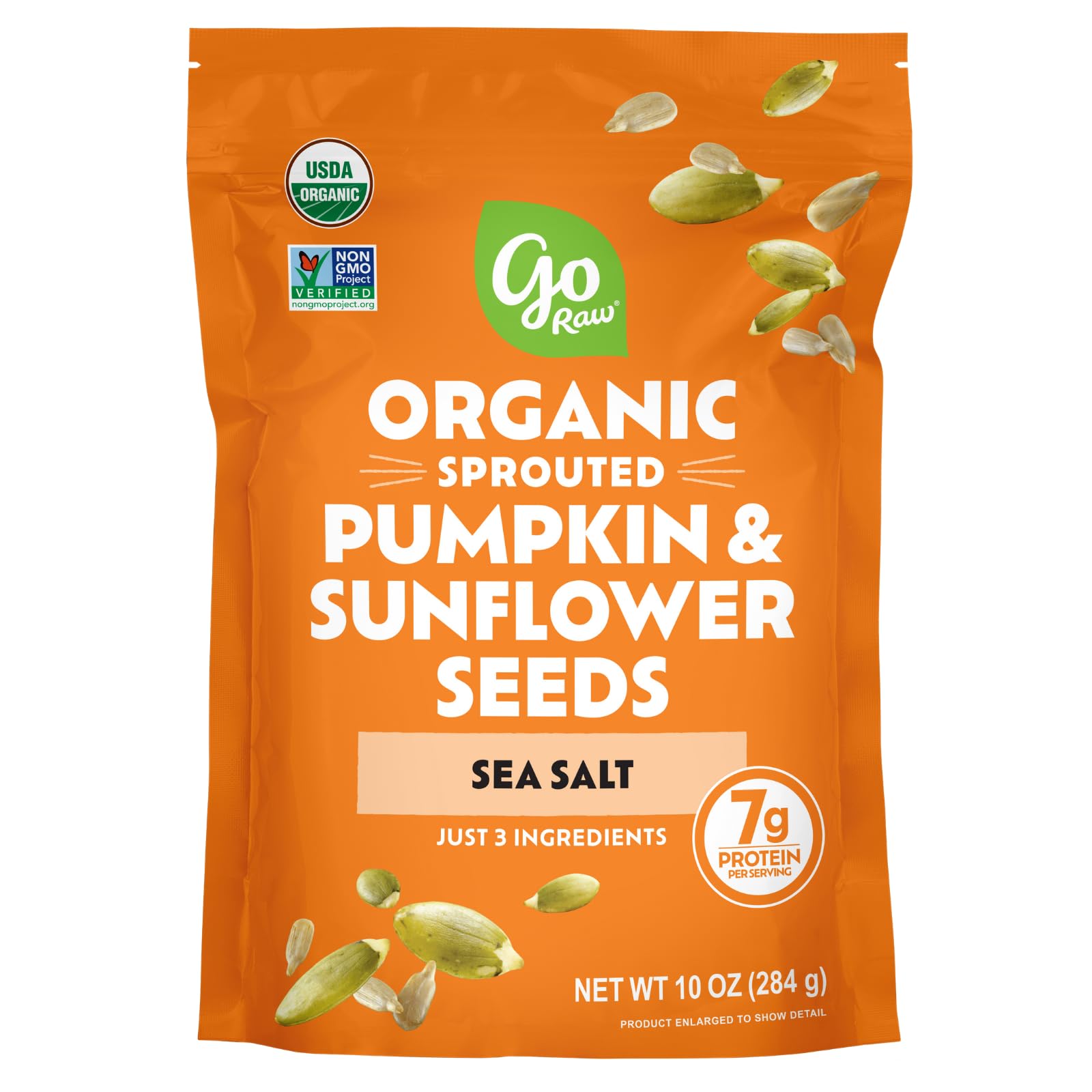 Go Raw pumpkin seeds sea salted bag front for a protein-rich snack.